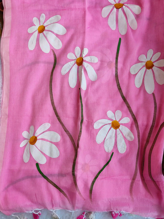 BABY PINK FLORAL HAND PAINTED MUL COTTON SAREE
