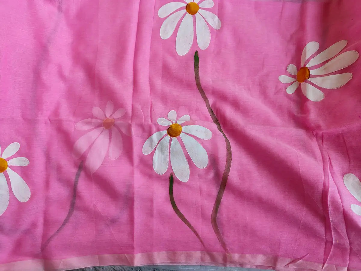 BABY PINK FLORAL HAND PAINTED MUL COTTON SAREE