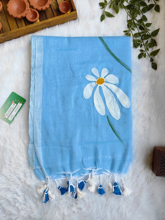SKY BLUE FLORAL HAND PAINTED MUL COTTON SAREE
