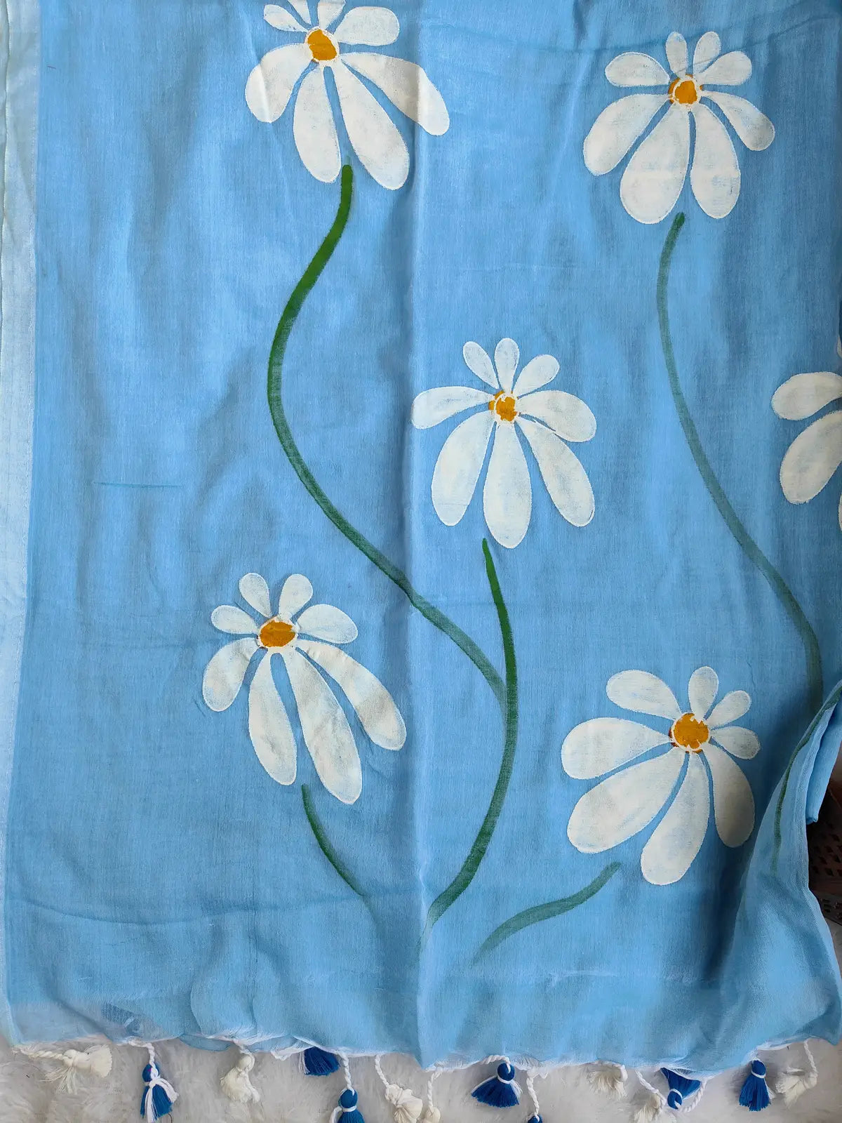 SKY BLUE FLORAL HAND PAINTED MUL COTTON SAREE