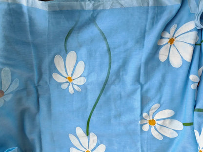 SKY BLUE FLORAL HAND PAINTED MUL COTTON SAREE