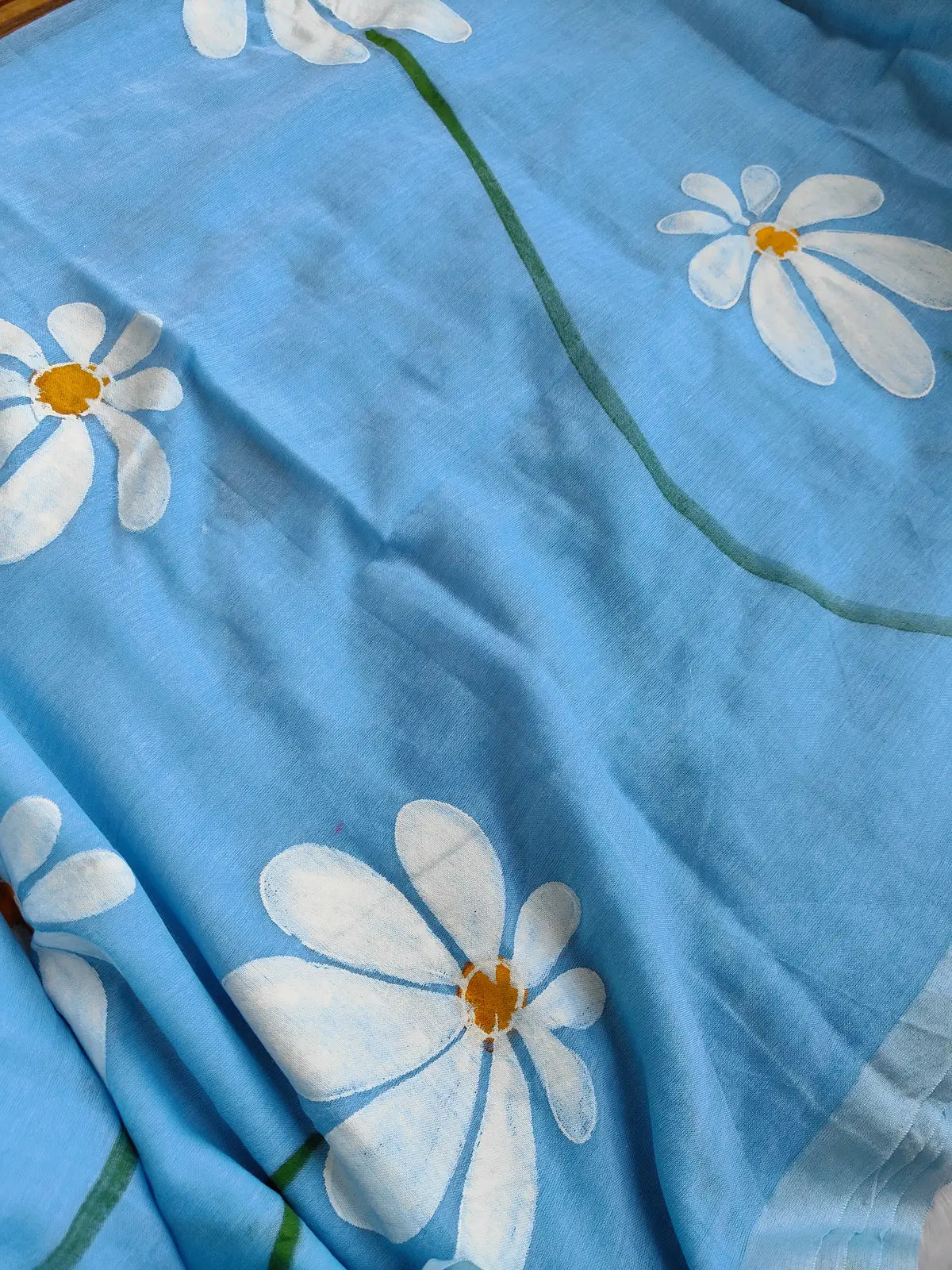 SKY BLUE FLORAL HAND PAINTED MUL COTTON SAREE