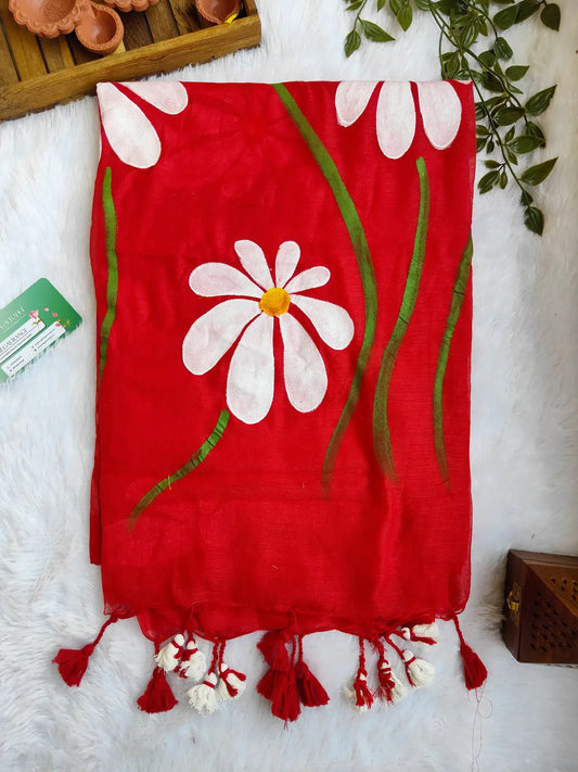 RED FLORAL HAND PAINTED MUL COTTON SAREE