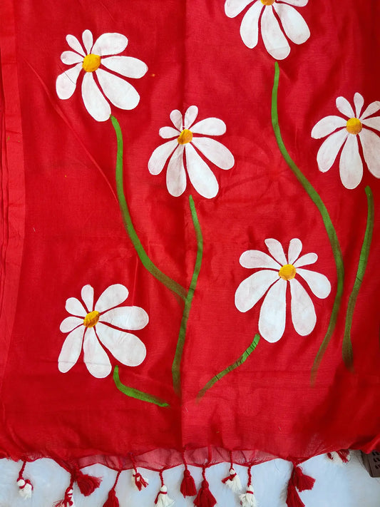 RED FLORAL HAND PAINTED MUL COTTON SAREE