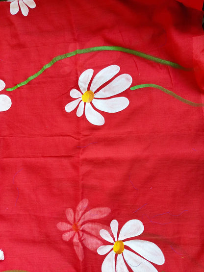 RED FLORAL HAND PAINTED MUL COTTON SAREE