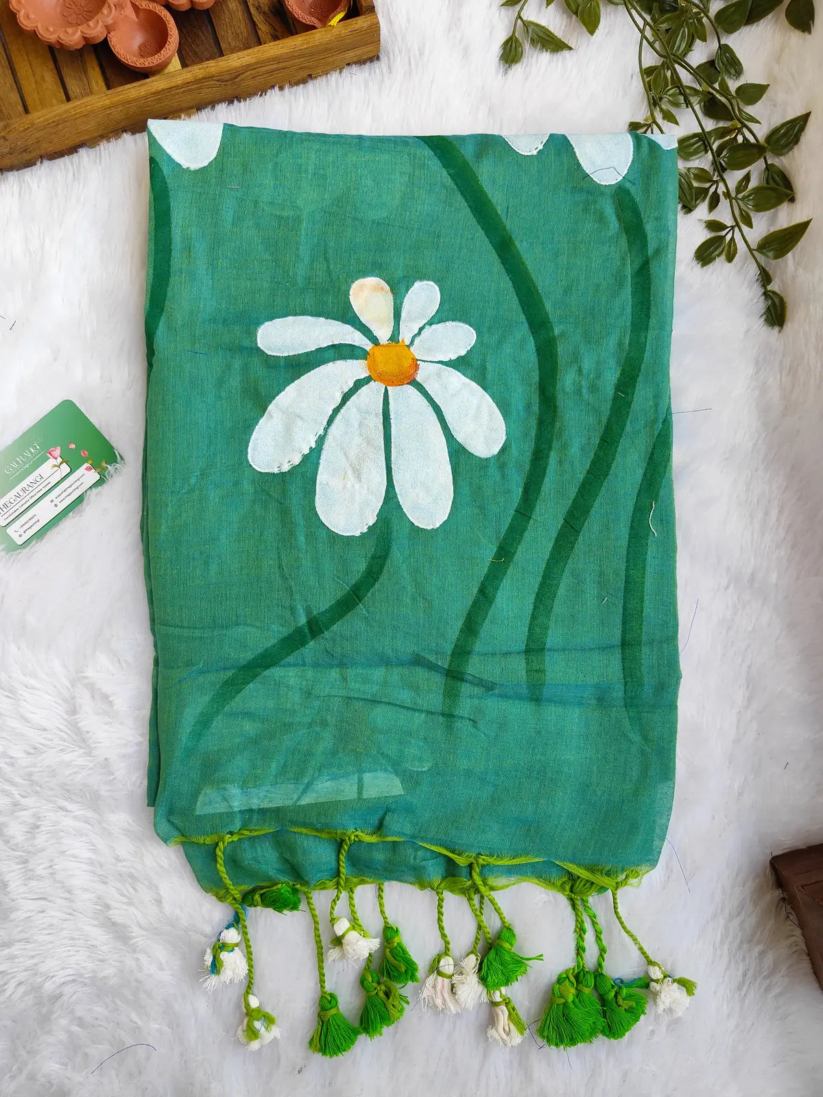 TEAL GREEN FLORAL HAND PAINTED MUL COTTON SAREE