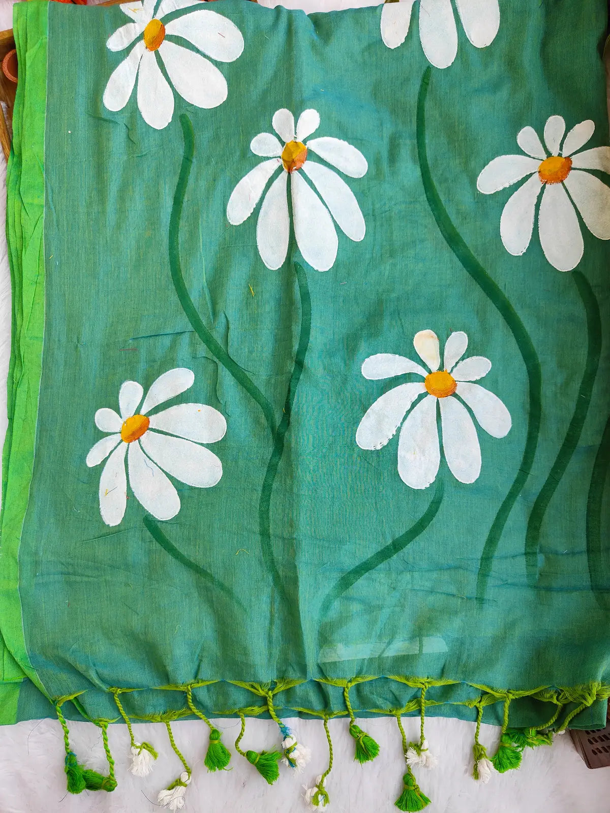 TEAL GREEN FLORAL HAND PAINTED MUL COTTON SAREE