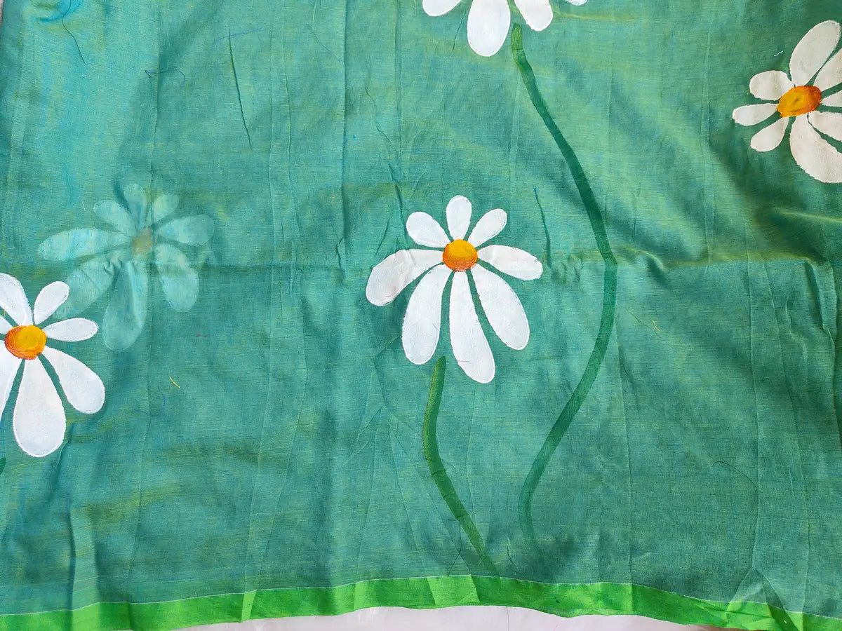 TEAL GREEN FLORAL HAND PAINTED MUL COTTON SAREE