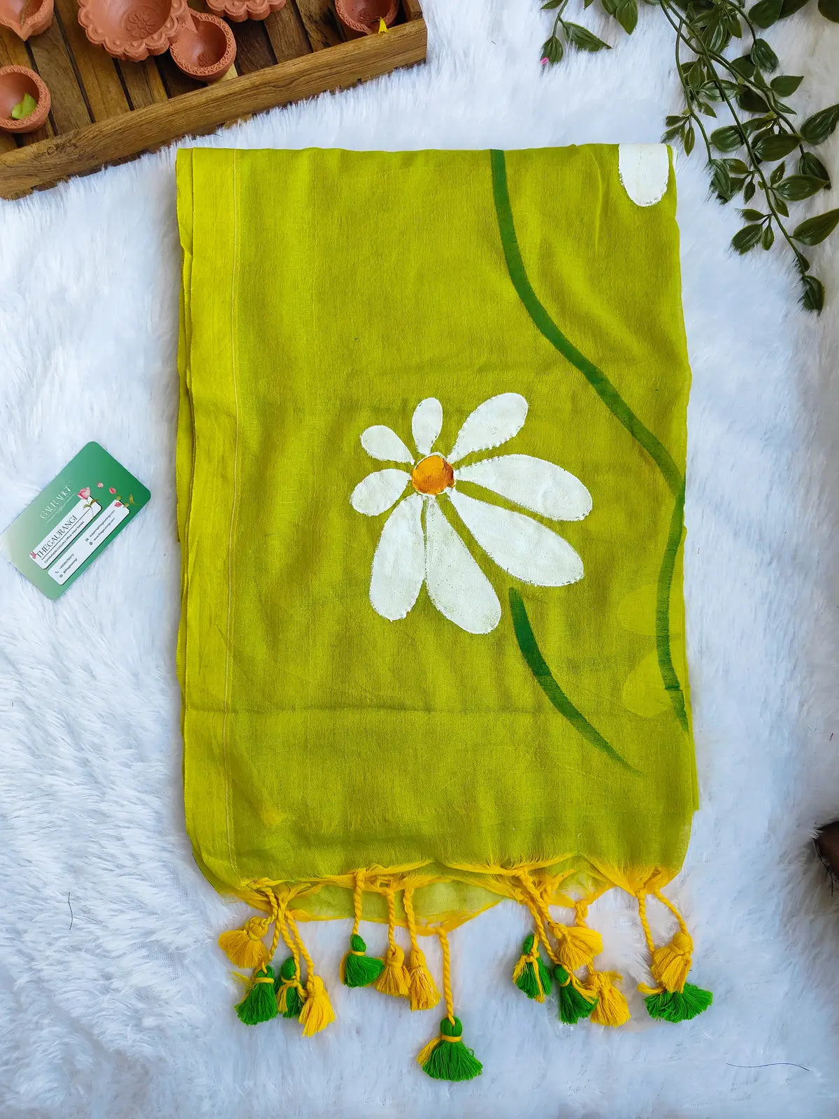 PARROT GREEN FLORAL HAND PAINTED MUL COTTON SAREE