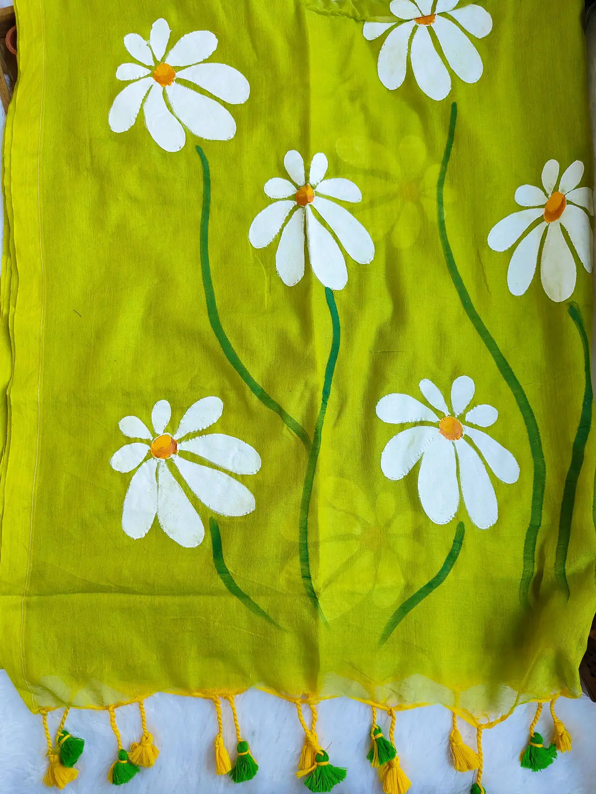 PARROT GREEN FLORAL HAND PAINTED MUL COTTON SAREE