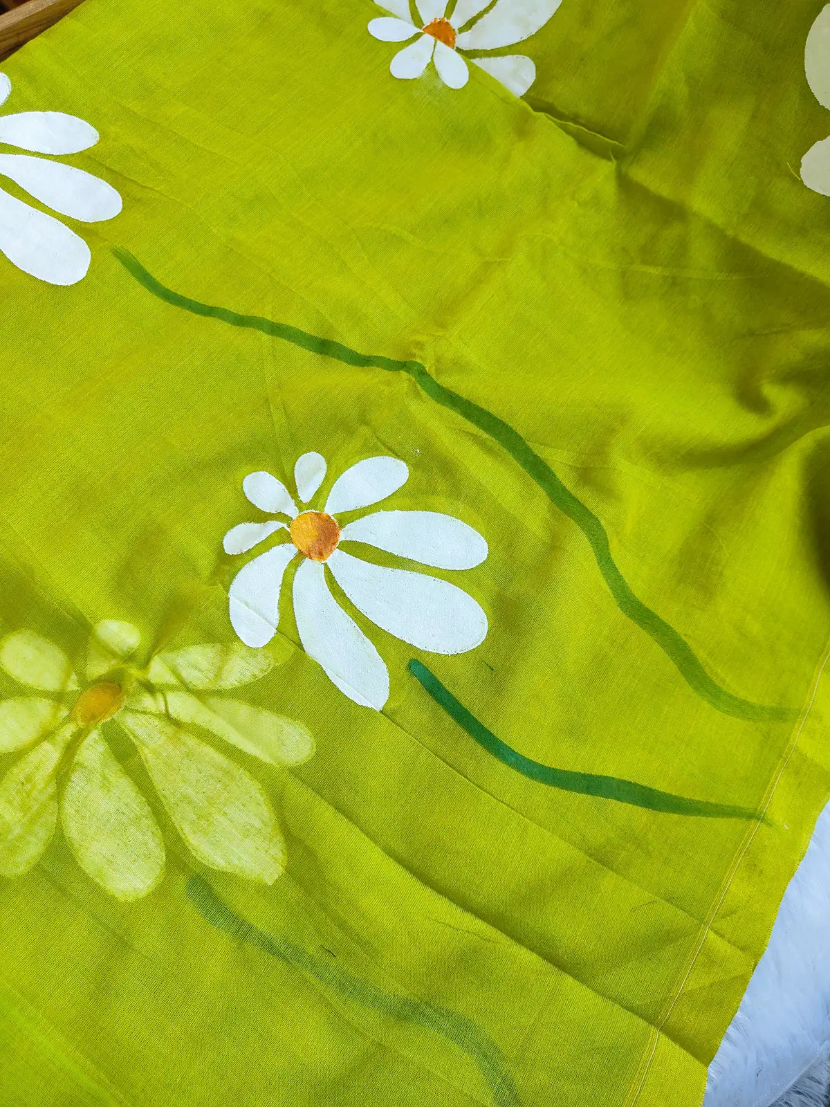 PARROT GREEN FLORAL HAND PAINTED MUL COTTON SAREE