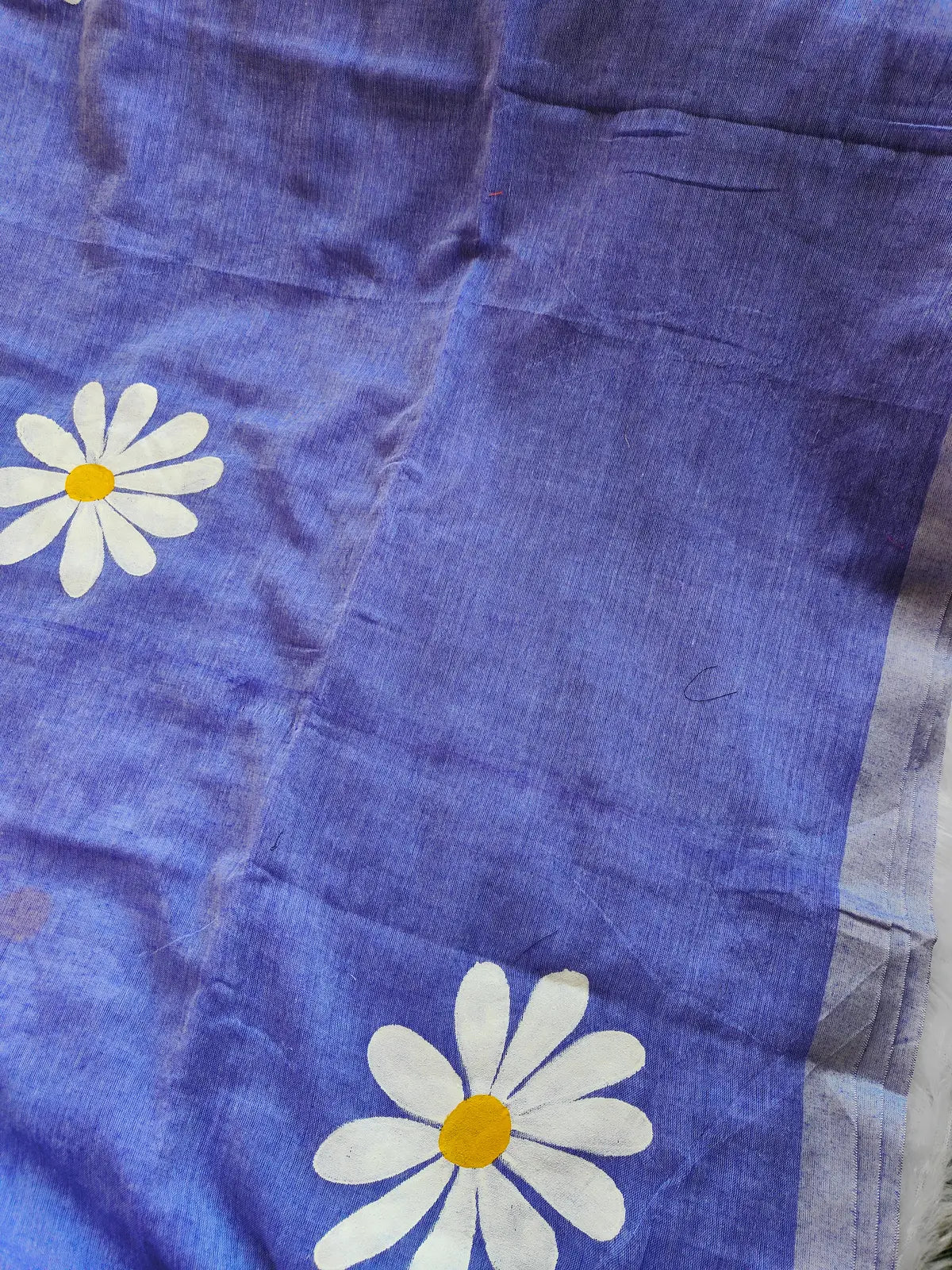 PURPLE FLORAL HAND PAINTED MUL COTTON SAREE