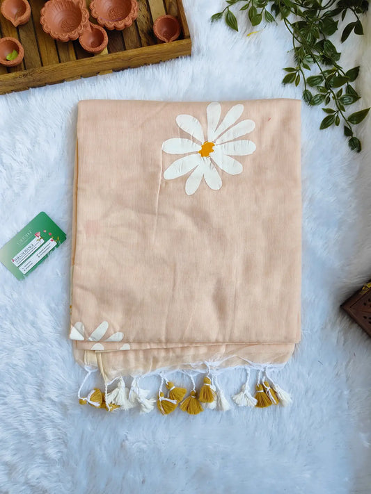 BEIGE FLORAL HAND PAINTED MUL COTTON SAREE