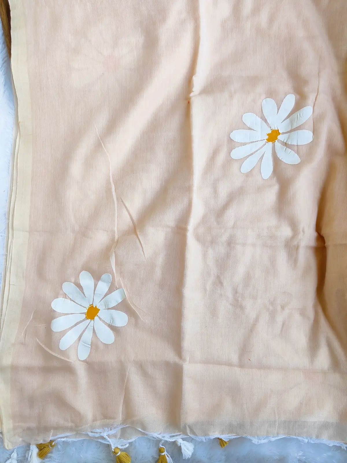 BEIGE FLORAL HAND PAINTED MUL COTTON SAREE