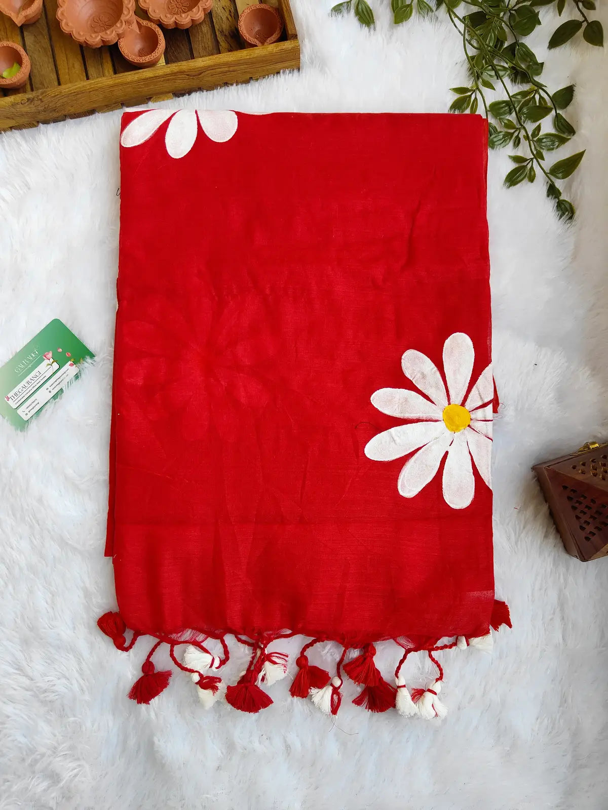 RED FLORAL HAND PAINTED MUL COTTON SAREE