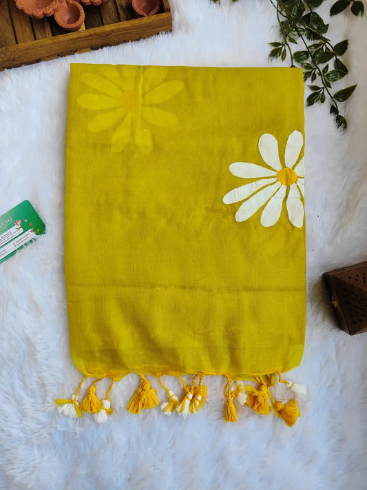 PARROT GREEN FLORAL HAND PAINTED MUL COTTON SAREE