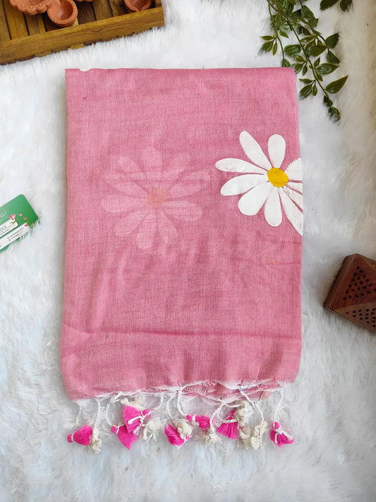 BABY PINK FLORAL HAND PAINTED MUL COTTON SAREE