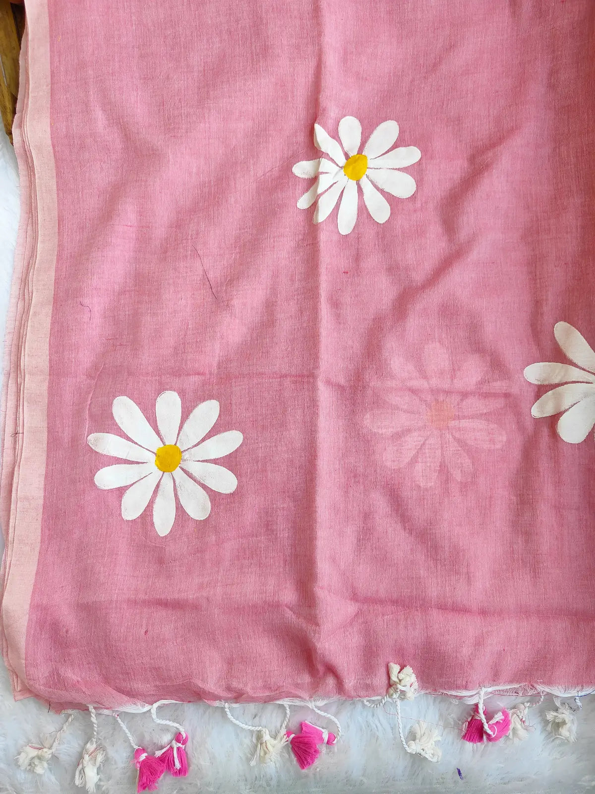 BABY PINK FLORAL HAND PAINTED MUL COTTON SAREE