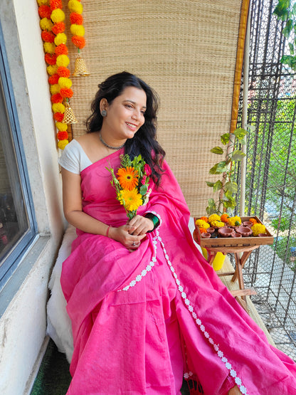 PINK LACE KHADI COTTON SAREE