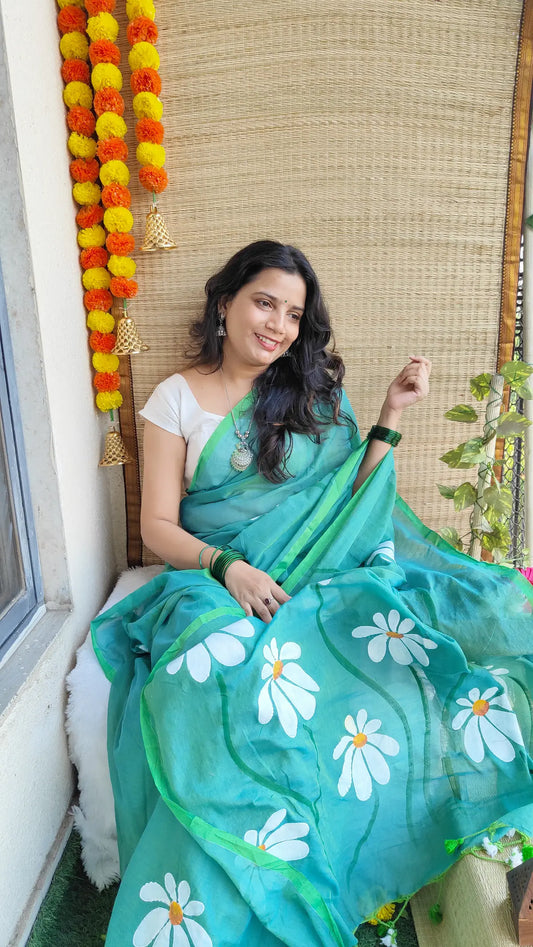 TEAL GREEN FLORAL HAND PAINTED MUL COTTON SAREE