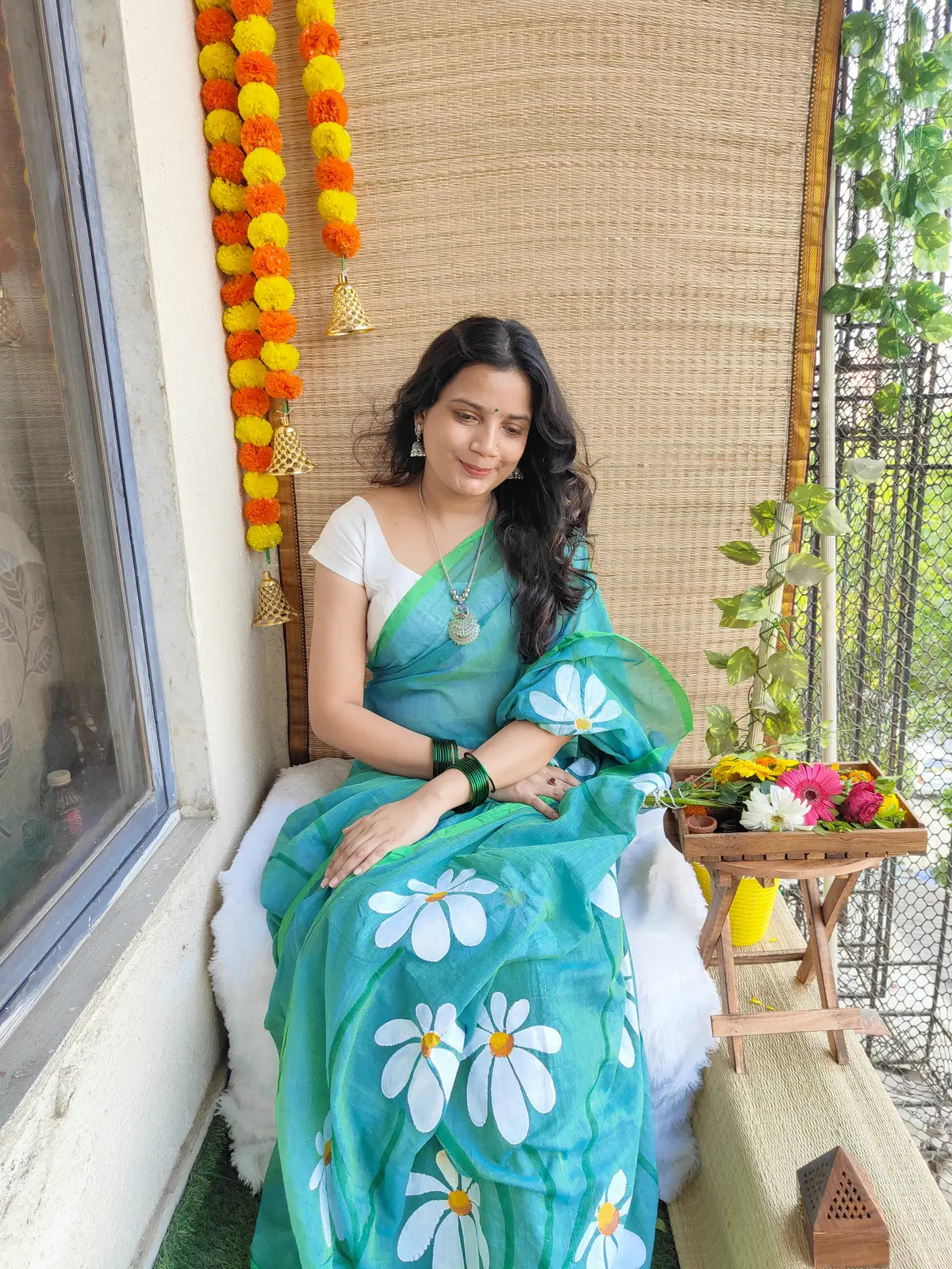 TEAL GREEN FLORAL HAND PAINTED MUL COTTON SAREE