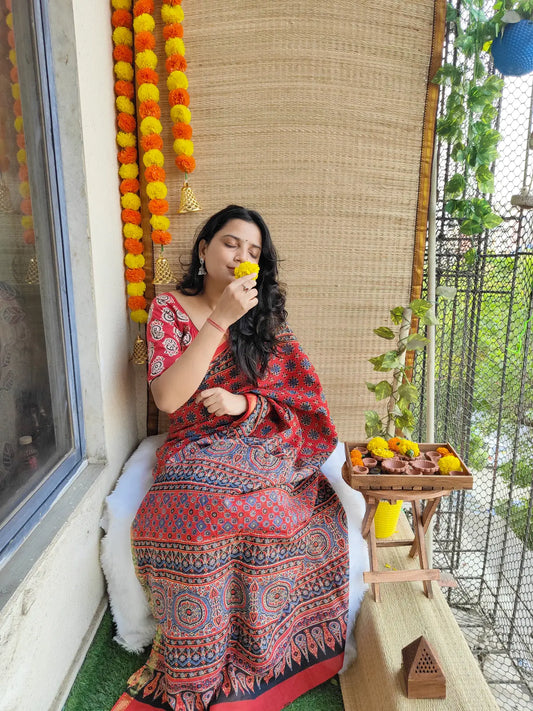RED AJRAKH CHANDERI COTTON SAREE