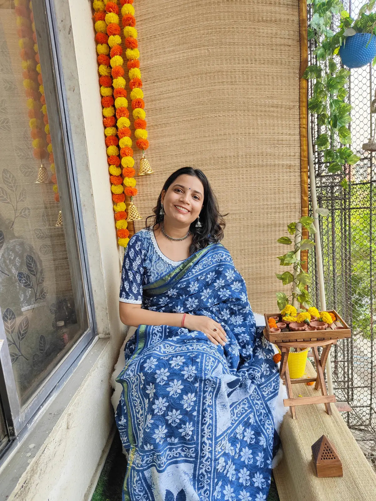 INDIGO AJRAKH CHANDERI COTTON SAREE