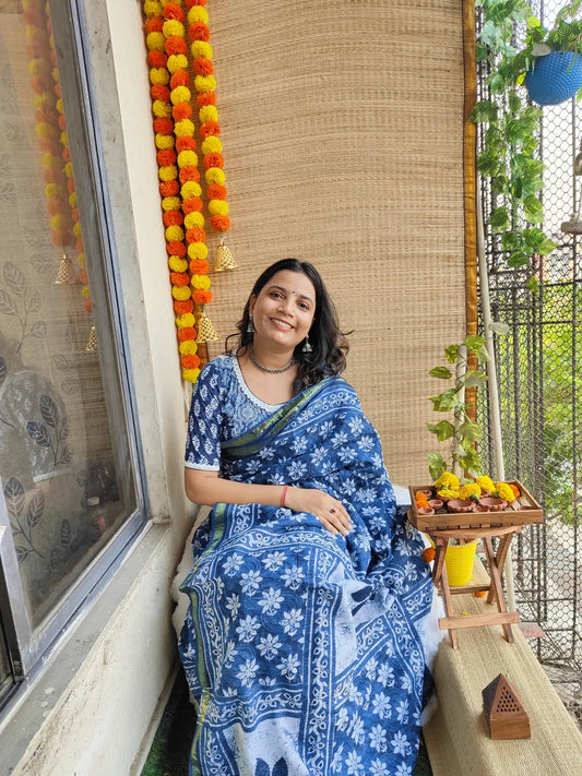 INDIGO AJRAKH CHANDERI COTTON SAREE