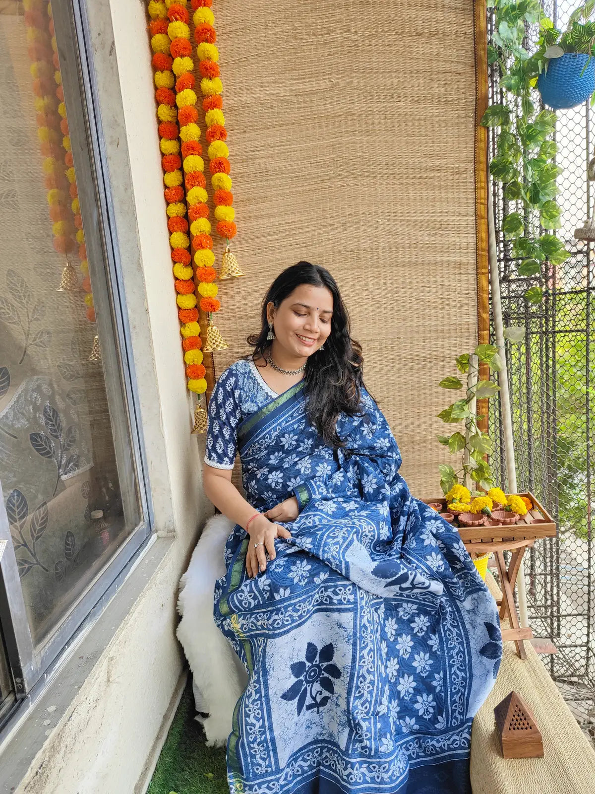 INDIGO AJRAKH CHANDERI COTTON SAREE