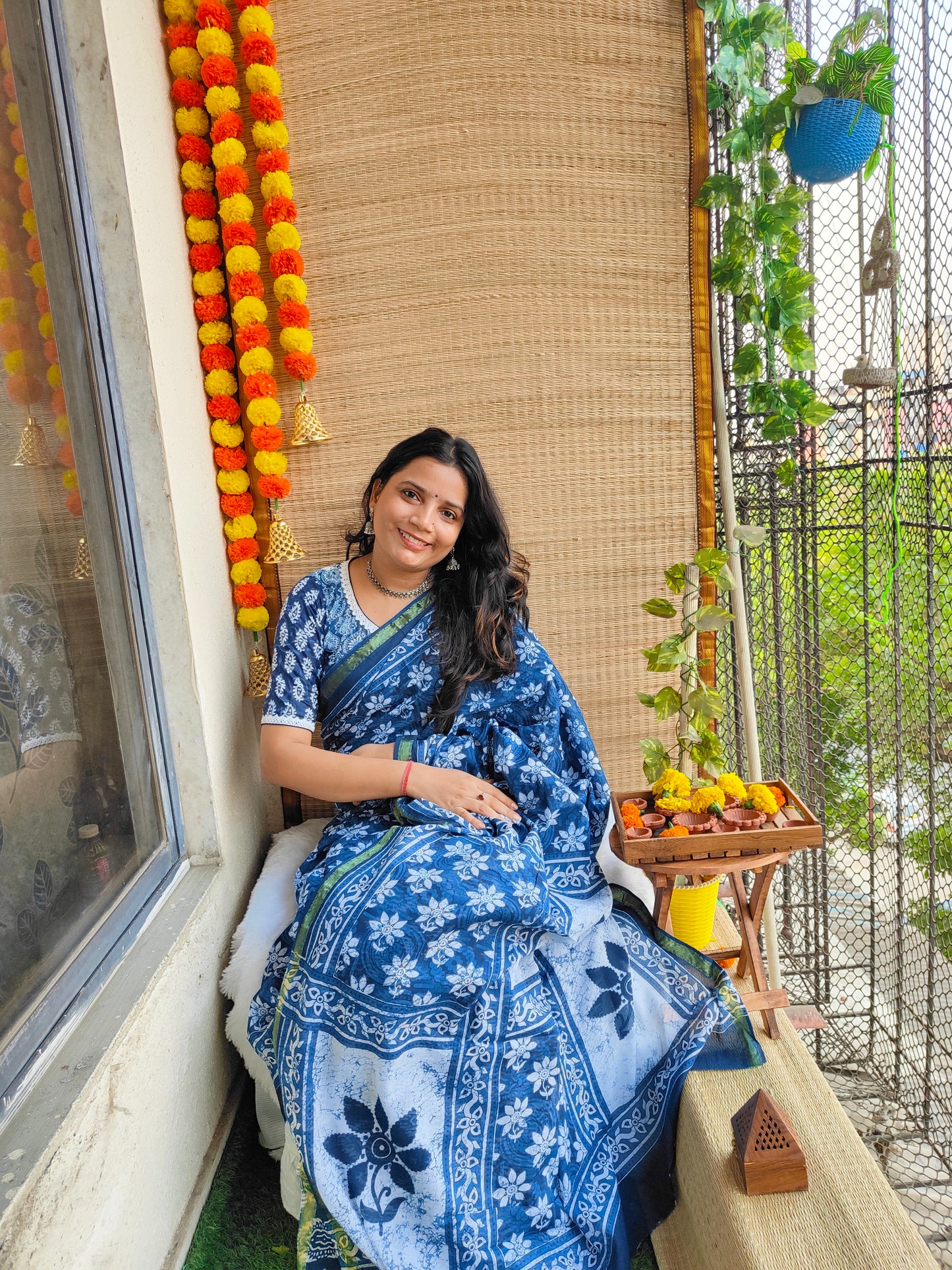 INDIGO AJRAKH CHANDERI COTTON SAREE