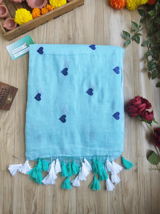 TORQUOISE BLUE HEART MUL COTTON SAREE