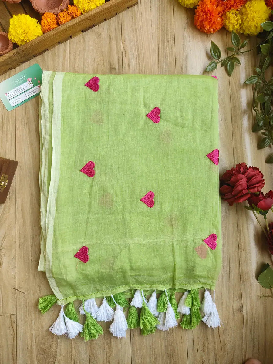 PARROT GREEN HEART MUL COTTON SAREE