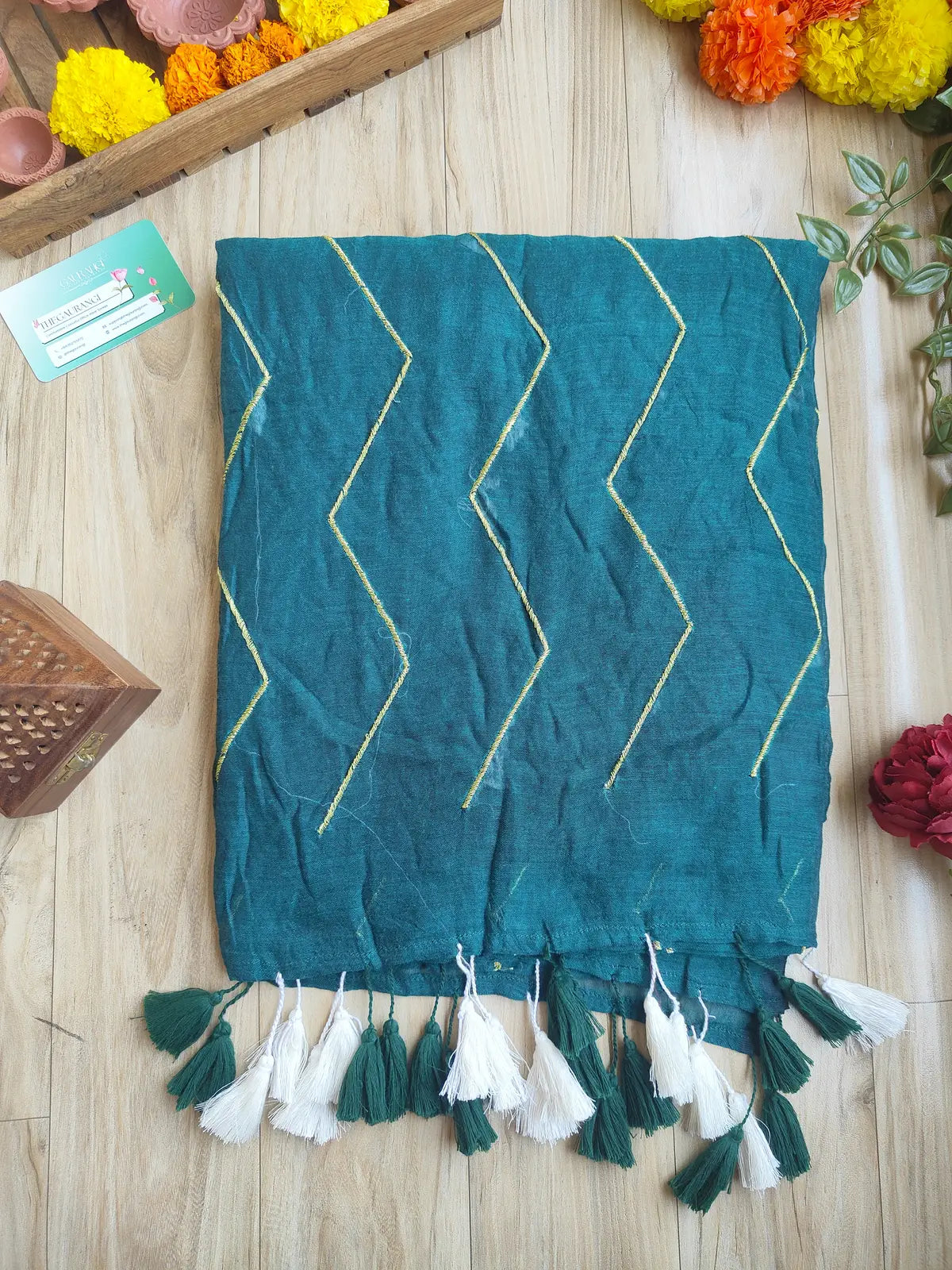 TEAL GREEN ZIG ZAG MUL COTTON SAREE