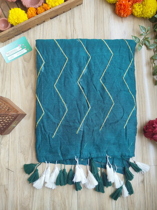 TEAL GREEN ZIG ZAG MUL COTTON SAREE