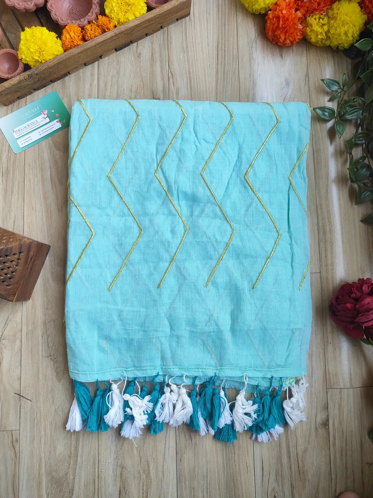 SKY BLUE ZIG ZAG MUL COTTON SAREE