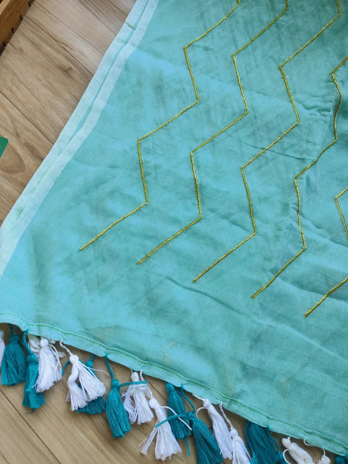 SKY BLUE ZIG ZAG MUL COTTON SAREE