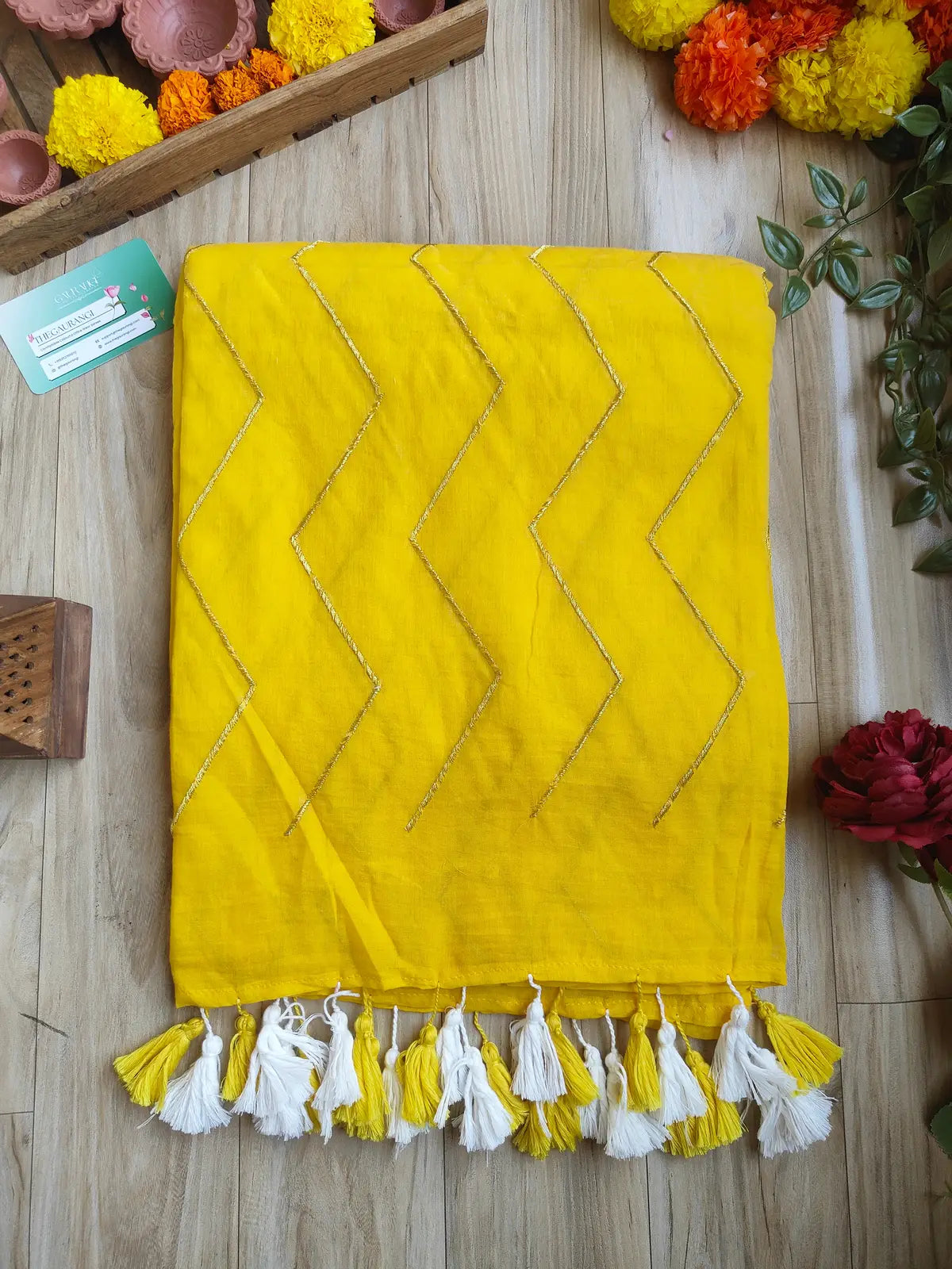 YELLOW ZIG ZAG MUL COTTON SAREE