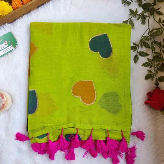 PARROT GREEN HEART MUL COTTON SAREE
