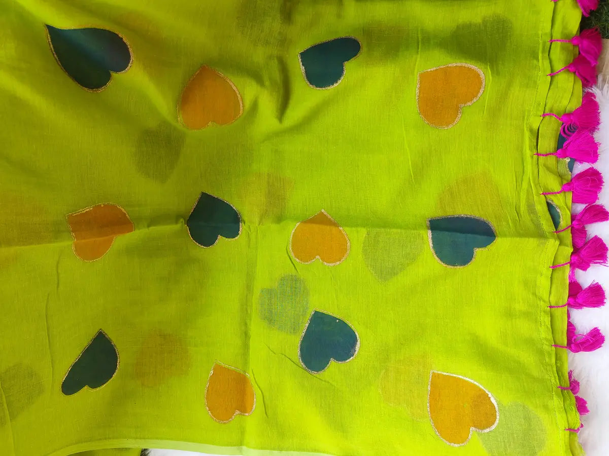 PARROT GREEN HEART MUL COTTON SAREE