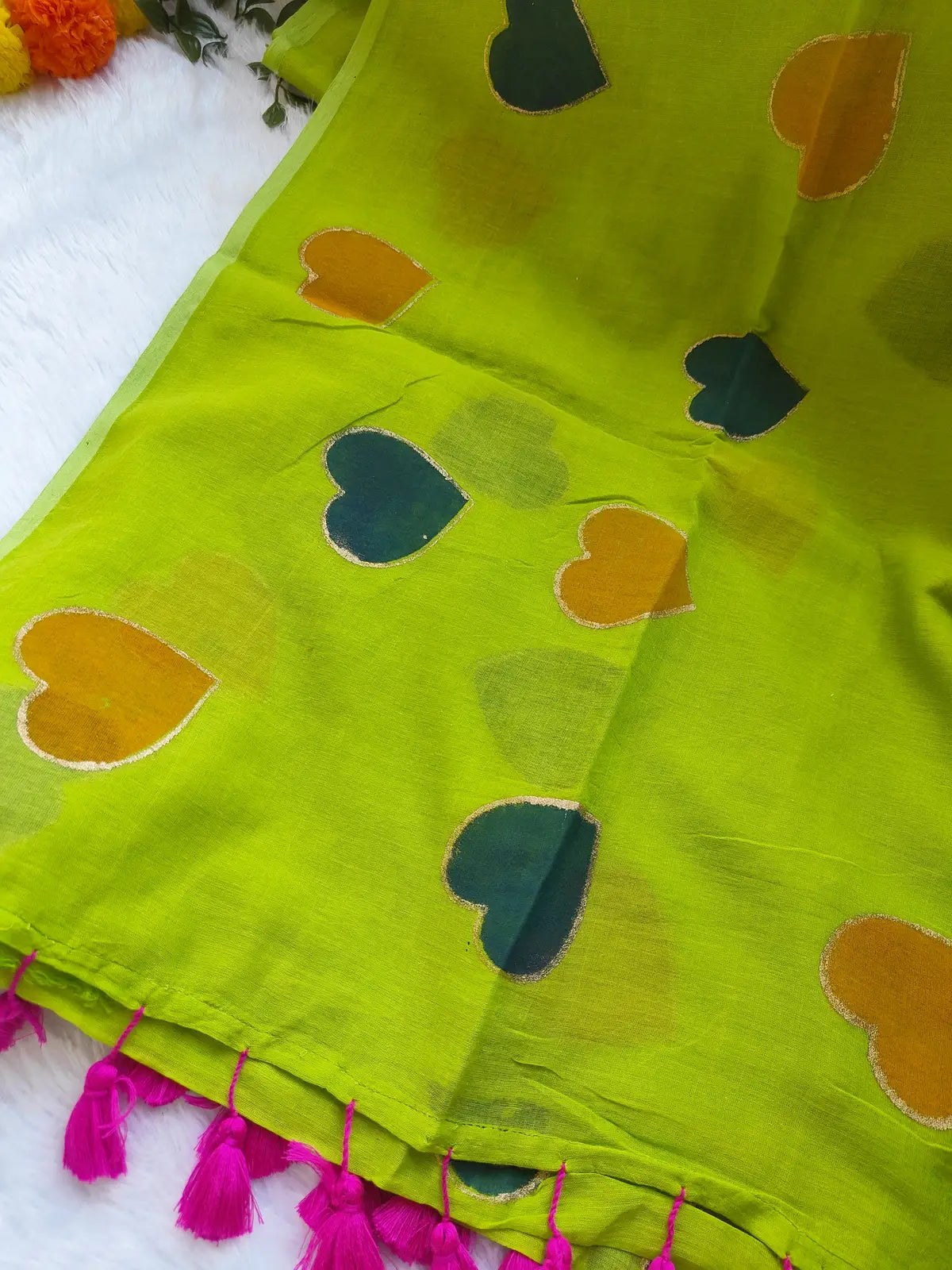PARROT GREEN HEART MUL COTTON SAREE