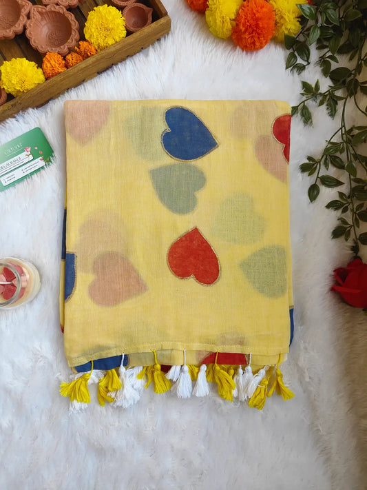 PASTAL YELLOW HEART MUL COTTON SAREE