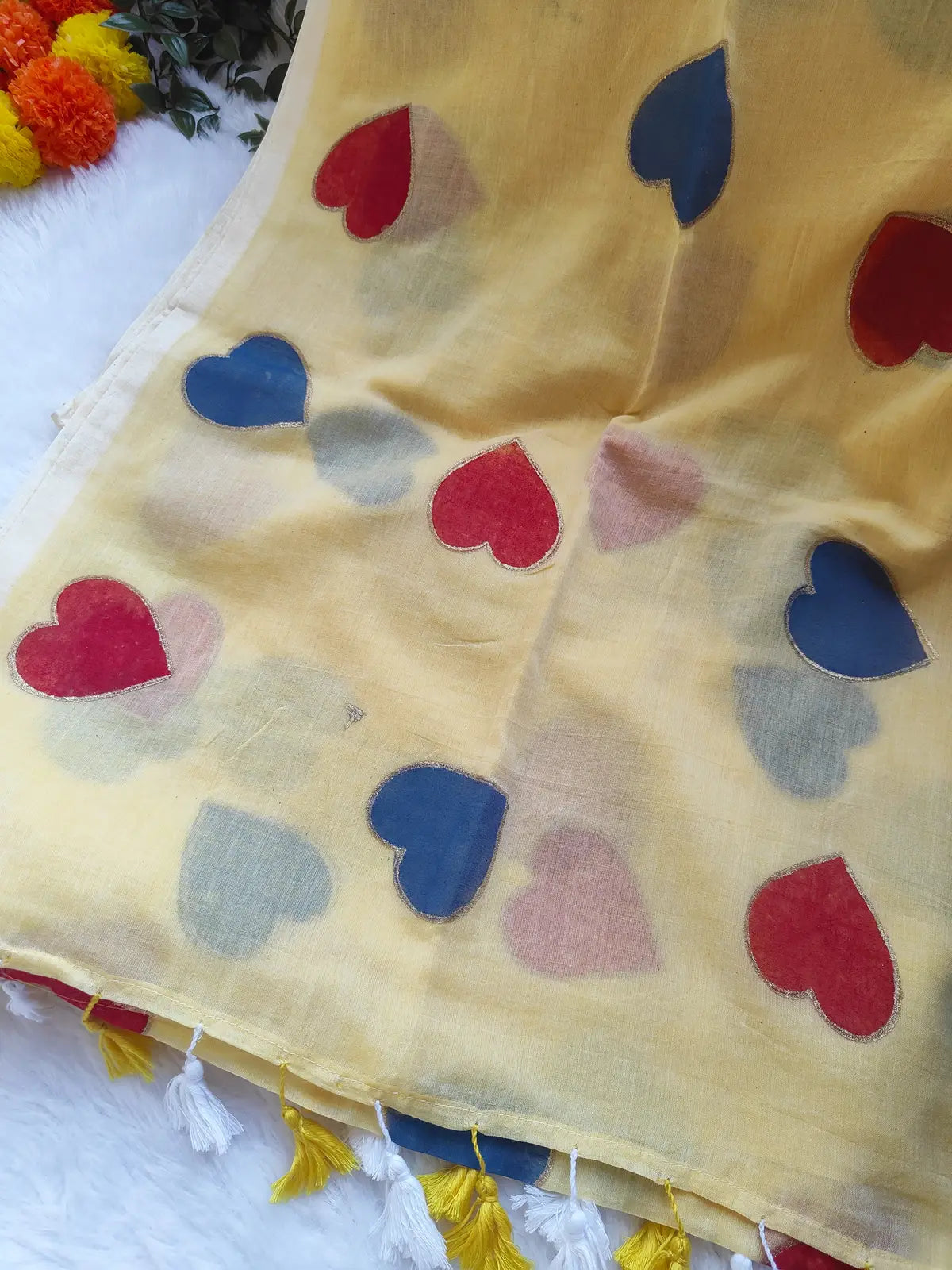 PASTAL YELLOW HEART MUL COTTON SAREE