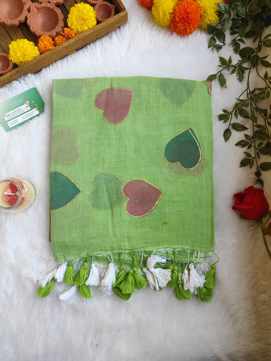 PISTA GREEN HEART MUL COTTON SAREE