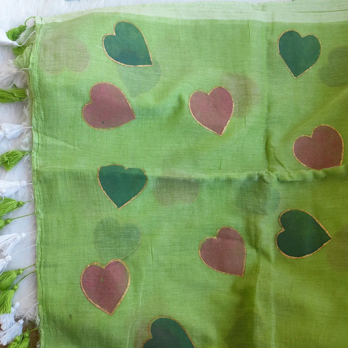 PISTA GREEN HEART MUL COTTON SAREE