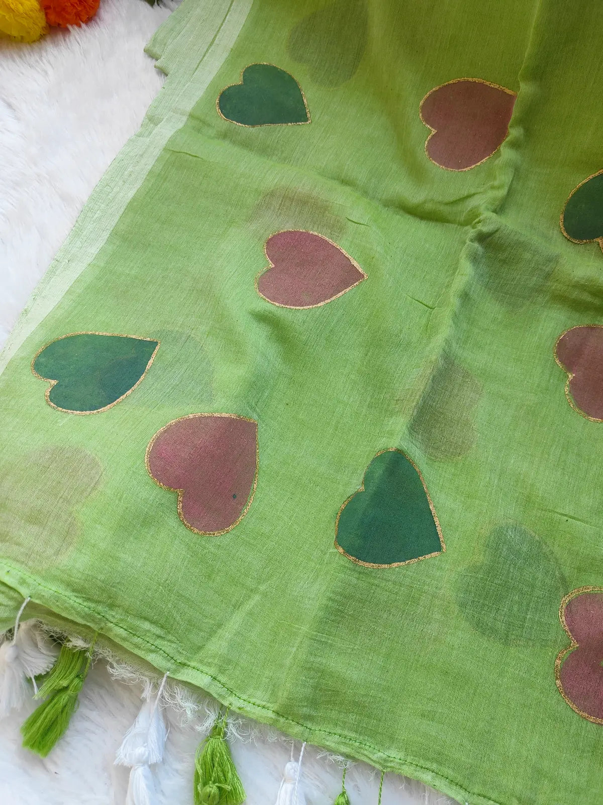PISTA GREEN HEART MUL COTTON SAREE