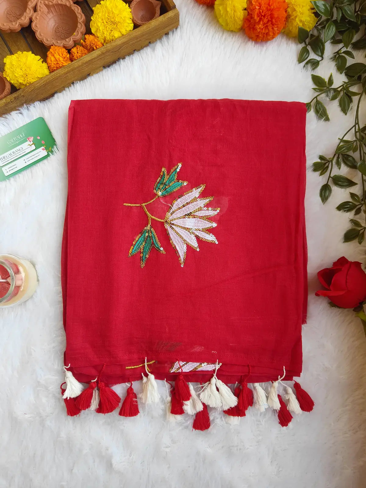 RED LOTUS SITARA MUL COTTON SAREE