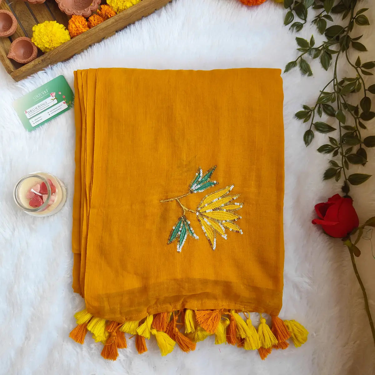 MUSTURD YELLOW LOTUS SITARA MUL COTTON SAREE