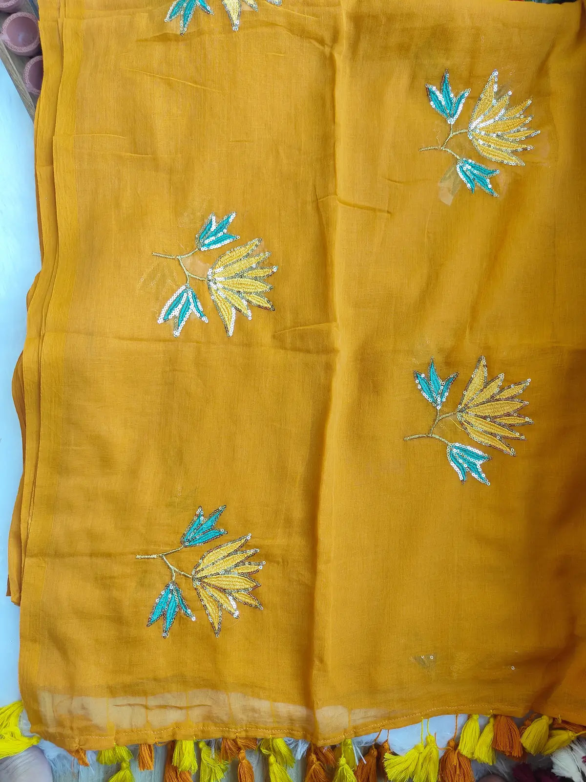 MUSTURD YELLOW LOTUS SITARA MUL COTTON SAREE