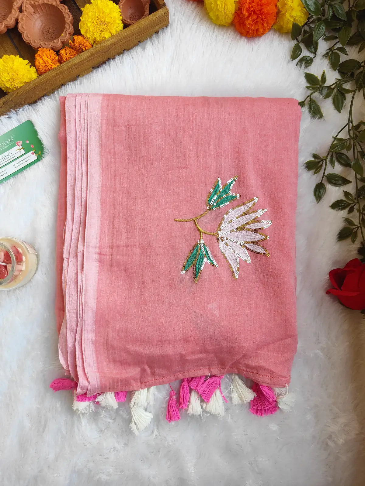 BABY PINK LOTUS SITARA MUL COTTON SAREE