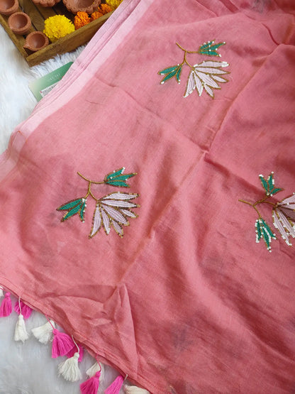 BABY PINK LOTUS SITARA MUL COTTON SAREE
